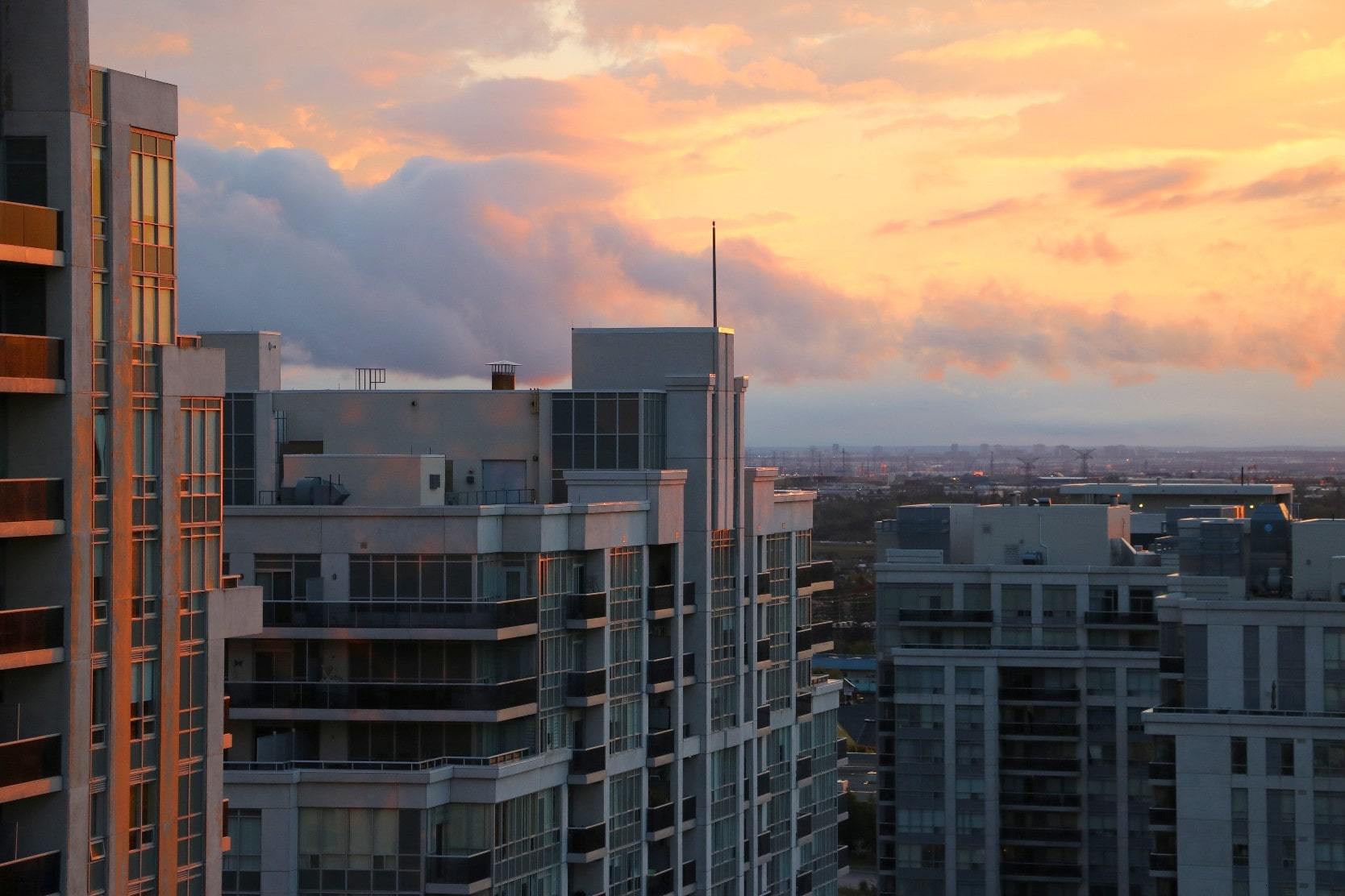 Sunset over condos for sale in Vaughan, Ontario